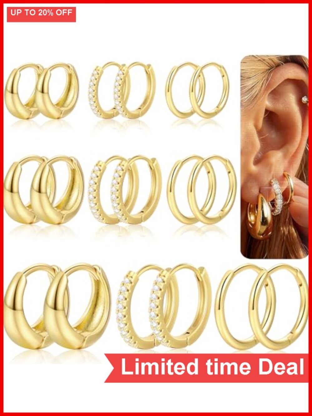 9 Pairs Gold Huggie Hoop Earrings 14K Gold Plated Stackable Set